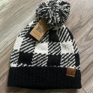 New CC Beanie White Buffalo Plaid Pom Pom Hat Super Soft